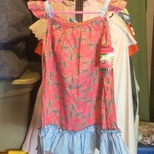 Girls Pink Butterfly Print Dress with Blue Gingham Ruffle